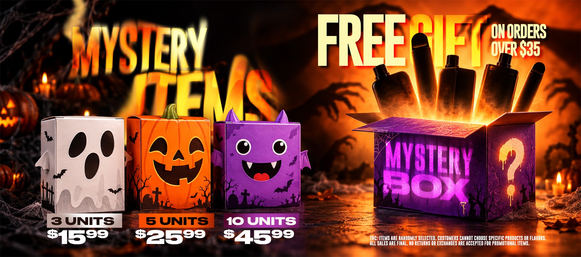 Halloween Mystery Items: 3 units $15.99, 5 units $25.99, 10 units $45.99. Free gift on orders over $35. Items are randomly selected; all sales final.