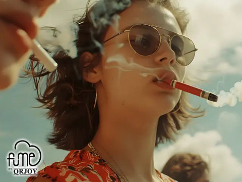 A person wearing gold-rimmed aviator sunglasses with dark lenses smoking in a group vaping social experience