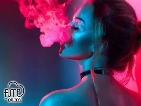 A woman with glowing blue and pink lighting wearing a black choker illustrates nicotine-free vaping’s growing popularity.