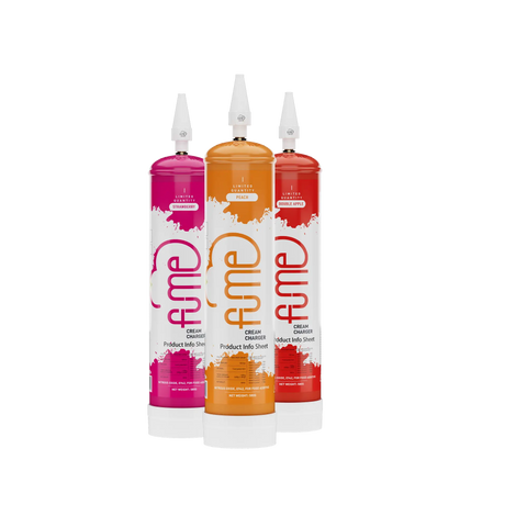 Three colorful glim cream charger tubes in strawberry vanilla and double apple flavors in cream chargers collection