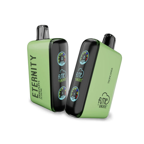 Lime green and black fume by qrijoy eternity vaporizer with sleek rectangular design and illuminated gauge indicators.
