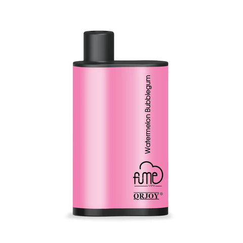 Pink cylindrical vape pen with black top and bottom featuring watermelon bubblegum flavor and fume vape qrjoy logo from fume infinity collection