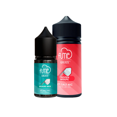 Two fume salt e-juice bottles with teal miami mix and pink frozen grape labels and black caps in sleek design