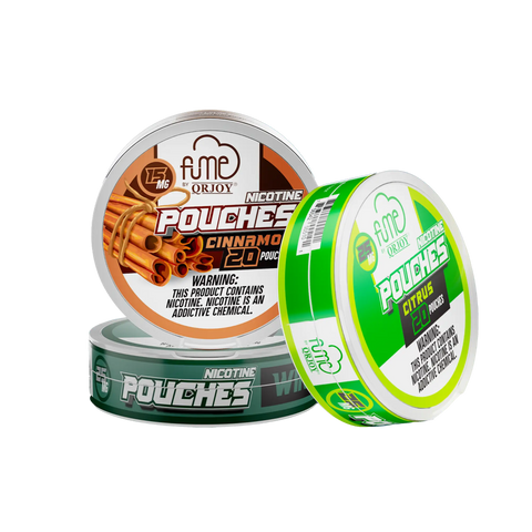 Two circular metal tins of orjoy nicotine pouches in cinnamon orange brown and citrus green white flavors in nicotine pouches collection