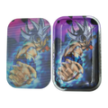 Rectangular metal rolling tray featuring a vibrant silver-haired anime character with blue aura on purple background