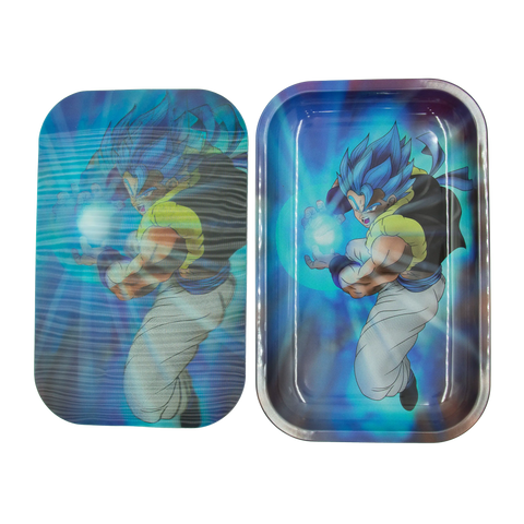 Rectangular metal rolling tray with vibrant blue and purple anime goku super saiyan blue design for rolling use