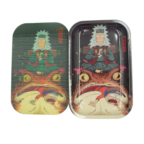 Two metallic rectangular anime 3d magnetic rolling trays with colorful meditative character artwork atop creatures