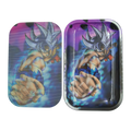 Rectangular metal rolling tray with vibrant silver-haired anime character and blue aura on purple background in anime 3d magnetic set
