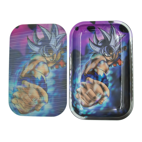 Rectangular metal rolling tray with vibrant silver-haired anime character and blue aura on purple background in anime 3d magnetic set