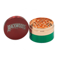 Backwoods metal grinder red and green two-tone metal with copper-colored grinding mechanism and logo on lid