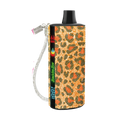 A sparkling orange and brown leopard-print Baddie Bar vape pen with black top silver chain and digital display
