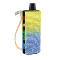 A baddie bar vape pen with vibrant gradient diamond encrusting, black top, and peach wrist strap