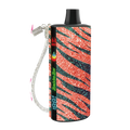 A vibrant red and teal zebra-striped glitter vape pen with black top branded baddie bar in product baddie bar