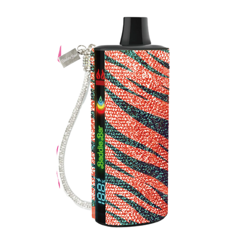 A vibrant red and teal zebra-striped glitter vape pen with black top branded baddie bar in product baddie bar