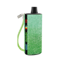 A sparkling green rhinestone-covered baddie bar vape pen with a black top and matching wrist strap