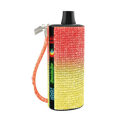 A sparkling baddie bar vape pen with red orange yellow rhinestones black top cap and a glittery orange wrist strap