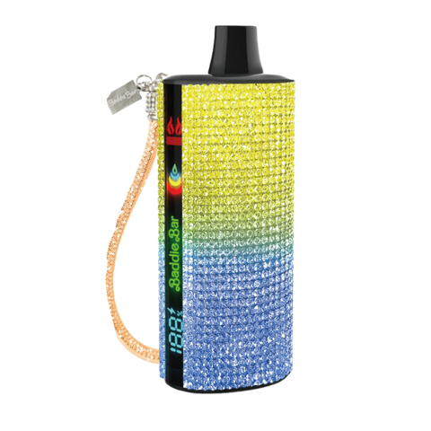 A vibrant gradient diamond encrusted baddie bar vape pen with a black top and peach wrist strap