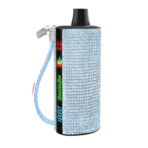 Baddie Bar sparkling light blue rhinestone vape pen with black top and led display for stylish vaping