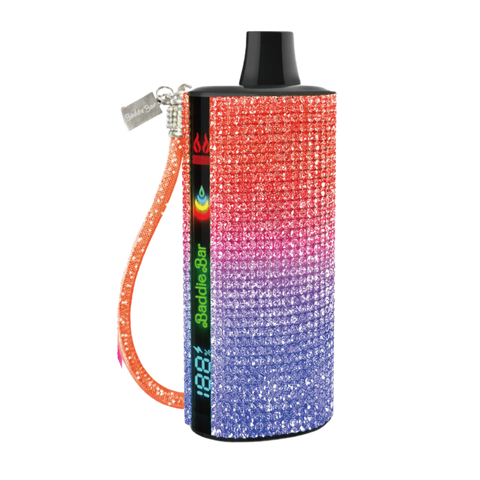 A sparkling gradient rhinestone-covered baddiebar vape pen with black top orange wrist strap and digital display
