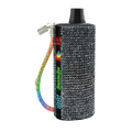 A sparkling black baddie bar vape device with clear rhinestones and a rainbow-colored wrist strap