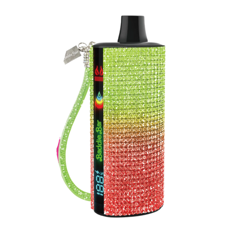 A vibrant baddie bar rhinestone-encrusted vape device with lime green to red gradient black top and matching wrist strap