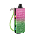 A sparkling pink to green gradient rhinestone covered baddiebar vape pen with matching green wrist strap