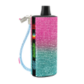 A sparkling gradient baddie bar vape device decorated with pink white and teal rhinestones with black top cap and blue wrist strap