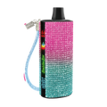 A baddie bar sparkling gradient vape device with pink white teal rhinestones black top cap and blue braided wrist strap