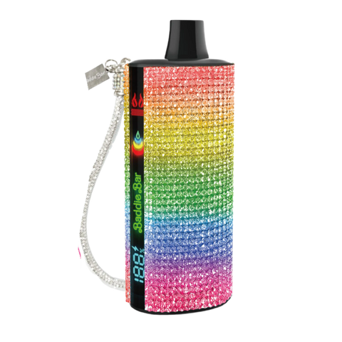 Baddie bar rainbow-sequined vape pen with black top and silver chain strap for stylish vaping use