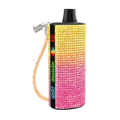 A vibrant gradient pink to yellow rhinestone covered baddie bar vape pen with black top and gold wrist strap