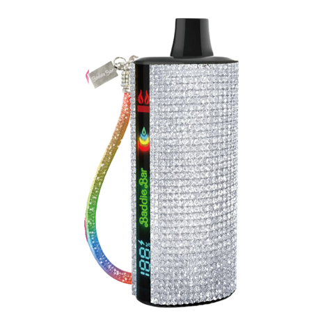 A sparkling silver rhinestone baddie bar vape pen with a rainbow glitter strap and black accents