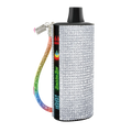A sparkling silver rhinestone-covered baddie bar vape pen with rainbow glitter strap and black accents