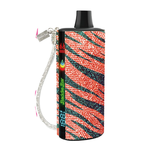 A vibrant red and teal zebra-striped glitter vape pen with black top branded baddie bar for vaping
