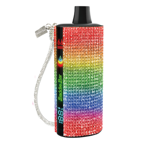 Rainbow rhinestone-covered baddie bar vape pen with black top and silver beaded strap in baddie bar collection