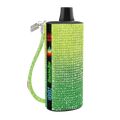 A lime green and black rhinestone covered baddie bar vape pen with a matching glittery wrist strap