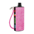 Pink rhinestone-covered baddie bar vape pen with black accents and matching pink glitter wrist strap