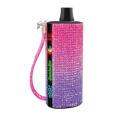 A pink and purple gradient rhinestone saddle bar vape pen with black top silver chain and digital display baddie bar