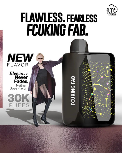 Black fume by orjoy vaporizer with a glossy finish and celestial constellation design in glowing yellow, pink, and blue accents.