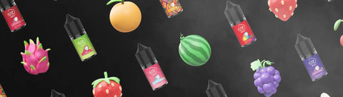 Black-topped e-liquid bottles with colorful labels featuring fruit designs.