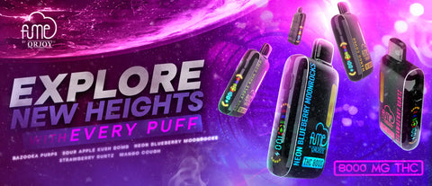 Black vape pens with glowing neon blue and purple accents, featuring the ’fume by qrioy’ branding.