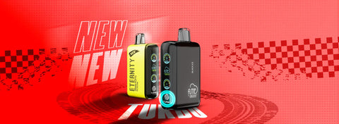Black and yellow eternity turbo vape devices with sleek, rectangular designs and digital displays.