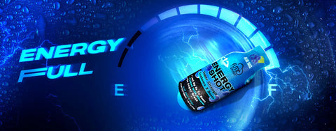 Blue and black energy shot bottle with a sleek, modern design.