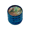 Blue metallic herb grinder with colorful cartoon illustration on the top lid for grinding herbs