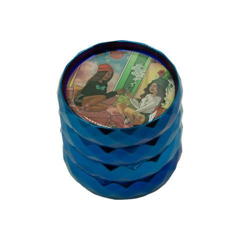 Blue metallic herb grinder with colorful cartoon illustration on the top lid for efficient grinding