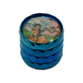 Blue metallic herb grinder with colorful illustration of a woman in bikini smoking on the lid