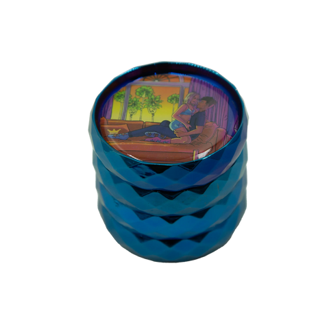 Blue metallic grinder featuring a colorful cartoon illustration of two people on a couch
