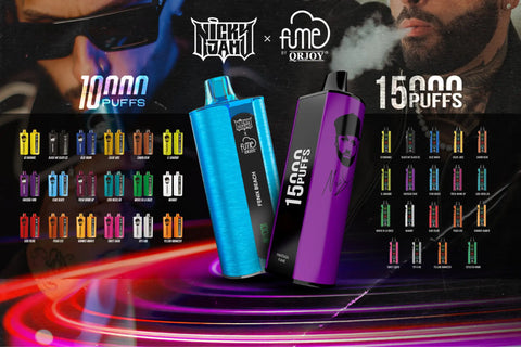 Blue and purple nicky jam x fme by orioy vape pens with sleek, glossy finishes.