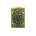 Antique brass-colored zippo lighter with embossed cannabis leaf and engraved cannabis for cannabis relief use
