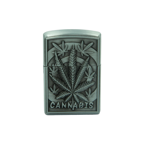 Silver-colored metal zippo-style lighter embossed with cannabis leaf and cannabis engraving for cannabis relief