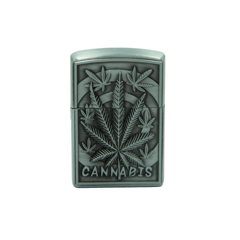 Silver-colored metal zippo-style lighter embossed with cannabis leaf and cannabis engraving for cannabis relief